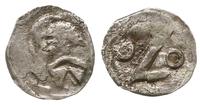 denar XIV-XV w., Aw: Głowa na wprost, Rw: Litera
