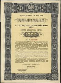 Rzeczpospolita Polska 1918-1939, obligacja 4 1/2 % wewnętrznej pożyczki państwowej 1937 r. na 1.000 złotych, 1.07.1937