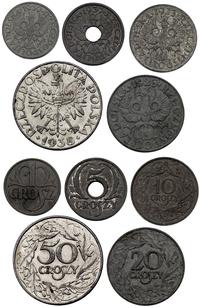zestaw monet 5 monet, 1 grosz 1939, 5 groszy 193