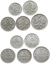 Rosja, zestaw monet: 1 x 20 kopiejek 1914, 2 x 15 kopiejek 1914, 1 x 15 kopiejek 1915, 1 x 10 kopiejek 1914