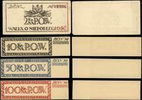 Polska, zestaw niewypełnionych blankietów: 10, 50 i 100 koron, oraz 2 korony z numeracją 1406, (1918 r.)