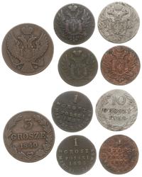 Polska, zestaw: 10 groszy 1825, 3 grosz 1840 (Mikołaj I), 3 x grosz z miedzi kraiowey (1822, 1823, 1825)