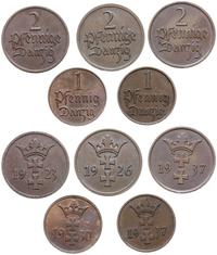 Polska, zestaw 5 monet o nominałach: 1 fenig (1930 i 1937), 2 fenigi (1923, 1926 i 1937)