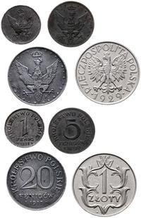 Polska, zestaw: 1 fenig 1918, 5 fenigów 1917, 20 fenigów 1917 (Stuttgart) i 1 złoty 1929 Warszawa (II RP)