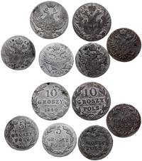 Polska, zestaw: 5 groszy 1819, 5 groszy 1823, 5 groszy 1824, 10 groszy 1822 (Aleksander I), 5 groszy 1827 i 10 groszy 1840 (Miko