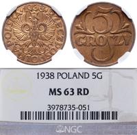 5 groszy 1938, Warszawa, pięknie zachowana monet