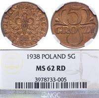 5 groszy 1938, Warszawa, pięknie zachowana monet