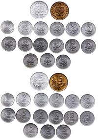 Polska, zestaw 17 monet: 1 grosz 1949, 2 grosze 1949 i 15 x 5 groszy, roczniki od 1949 do 1972