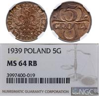 5 groszy 1939, Warszawa, piękne, moneta w pudełk