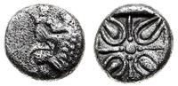 obol 392-377 pne, Milet, Aw: Głowa lwa w lewo; R