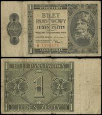 1 złoty 1.10.1938, seria B 1203852, naddarcia, w