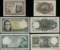 zestaw 3 banknotów, 1 peseta 22.07.1953, 5 peset