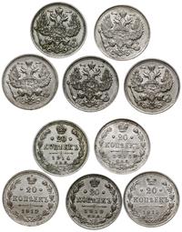 Rosja, lot 5 x 20 kopiejek, 2 x 1913 (BC), 1914 (BC), 2 x 1915 (BC)