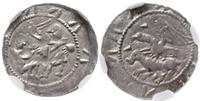 denar 1138-1146, Rycerz z mieczem nad jeńcem / O