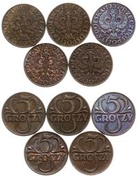 Polska, zestaw 5 x 5 groszy, 1935, 1936, 1937, 1938, 1939