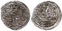 denar 1146-1157, Aw: Książę z mieczem na tronie,