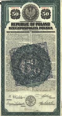 Polska, 6% pożyczka dolarowa na 50 dolarów z 1920 r z nadrukiem dotyczącym obniżenia oprocentowania do 4 1/2 %, z kupnami za lat