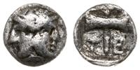 hemiobol ok. 450-387 pne, Aw: Głowa Hery i Zeusa
