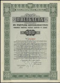 Rzeczpospolita Polska 1918-1939, obligacja 4% pożyczki konsolidacyjnej na 500 złotych w złocie, 15.05.1936