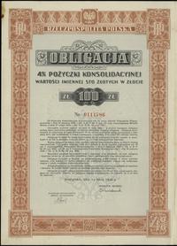Rzeczpospolita Polska 1918-1939, obligacja 4 % pożyczki konsolidacyjnej na 100 złotych w złocie, 15.05.1936