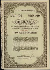 Rzeczpospolita Polska 1918-1939, obligacja 5% długoterminowej wewnętrznej pożyczki państwowej z r. 1920 na 100 marek polskich, 12.03.1920