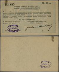 Polska, świadectwo wykonania obowiązku kontrybucyjnego na kwotę 30 złotych, 1944