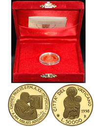50.000 lirów 1998, złoto 7.50 g, moneta w etui z