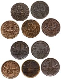 Polska, zestaw 5 x 1 grosz, 1923, 1925, 1927, 1930, 1931