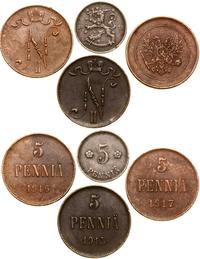 Finlandia, zestaw 4 x 5 penniä, 1915, 1916, 1917, 1918 (Republika)