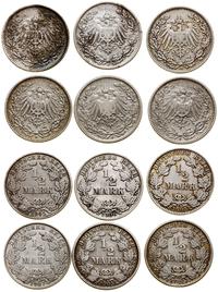 Cesarstwo Niemieckie, zestaw 6 x 1/2 marki, 1905 D, 2 x 1905 E, 2 x 1905 J, 1906 J,