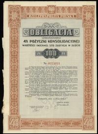 Rzeczpospolita Polska (1918–1939), obligacja 4 % pożyczki konsolidacyjnej na 100 złotych w złocie, 15.05.1936