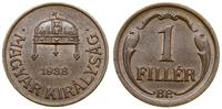 1 filler 1938 BP, Budapeszt, brąz, patyna, KM 50
