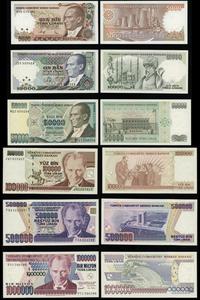Turcja, zestaw 12 banknotów, z lat 1970–2009