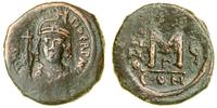 follis rok 5 (AD 586/587), Konstantynopol, Aw: P