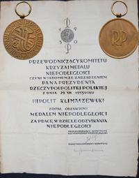 medal Niepodległości, wraz z dyplomem nadania Hi