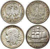 Polska, zestaw 2 x 2 złote, 1932 (głowa kobiety), 1936 (żaglowiec)