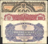 zestaw banknotów z roku 1944, 50, 100 i 500 złot