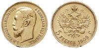 5 rubli 1909/ЭБ, Petersburg, złoto 4.29 g, rzadk