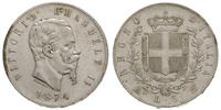 5 lirów 1874/M, Mediolan, srebro 24.91 g, KM 8.3