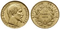 20 franków 1852 A, Paryż, złoto 6.44 g, próby 90